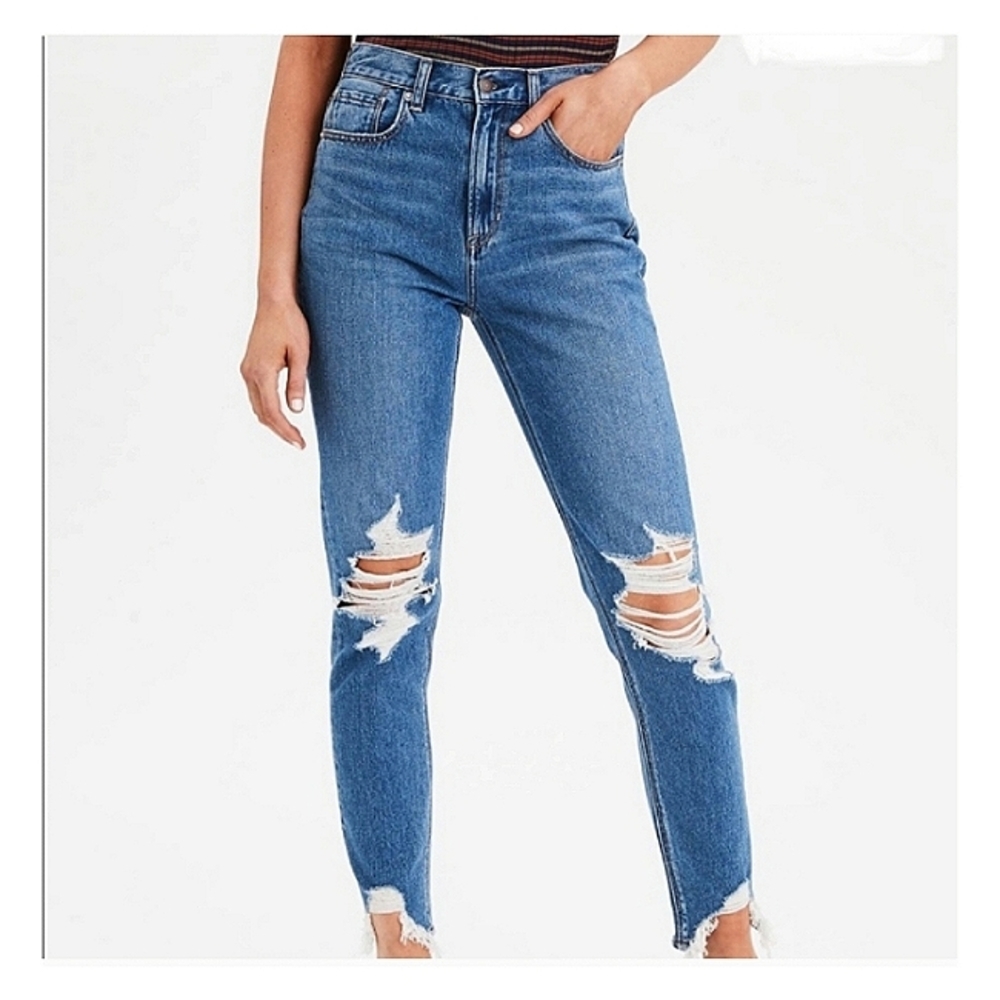 New American Eagle Outfitters Ripped Mom Jean Sz 4 Grunge Distressed Boho